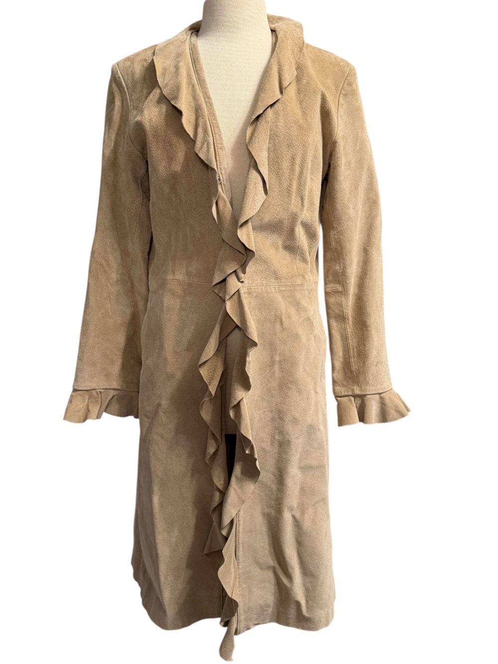 Boston Proper Tan Suede Ruffle Western Boho Trench Coat
